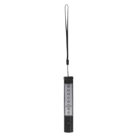 Aluminum LED torch with light in the front and on top. Flash and static light possible. Magnets on the back. Wristband and batteries included. Comes packaged in a gift box.