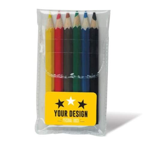 Six small colour pencils in transprant case. Printing on a sticker.