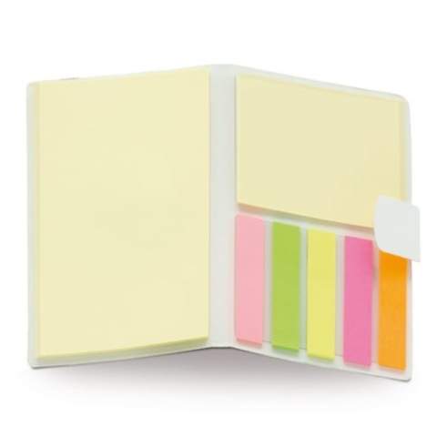 A small notebook available in black, white or brown. Sticky notes: 50 sheets of 100x75mm, 25 sheets of 50x75mm, and 25 sheets of page markers in 5 colours.