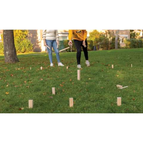Kubb is originaly a Swedish throwing game but has rapidly become popular and well known around the world. A perfect way to spend a summer afternoon with friends. The objective is to knock down the other teams ‘Knights’ by throwing the circular throwing sticks underarm from a few metres away. Simply use the wood corner poles to mark out your playing field and the games can begin! The set includes 1 King, 6 throwing sticks, 10 knights and 4 corner poles. Made from pinewood (King and knights) and Eucalyptus wood (throwing sticks and corner poles). Presented in a cotton pouch with rule book.<br /><br />PVC free: true