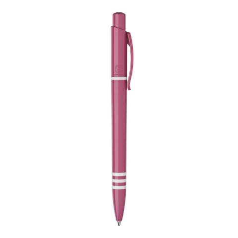 De Tropic Colour balpen in hardcolour heeft een groot drukoppervlak op zowel de clip als de barrel. Met een gekleurde barrel, drukker en een gekleurde clip. De barrel bevat drie wit gekleurde ringen. Inclusief een drukmechaniek en een blauw schrijvende Jumbo vulling. De pen is gemaakt van ABS kunststof, geproduceerd in Europa. Kleur combinaties voor deze pen zijn mogelijk vanaf 5.000 stuks.