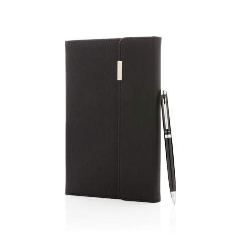 This notebook and pen set is a fantastic choice for those wanting to look sleek and sophisticated at the office.  The notebook features a rich texture PU cover with metal logo, with 80 sheets/160 pages 80 grms lined cream coloured paper. The pen comes with German ink and offers 1200 metre writing length. Packed in luxury sleeve gift box.<br /><br />NotebookFormat: A5<br />NumberOfPages: 160<br />PaperRulingLayout: Lined pages