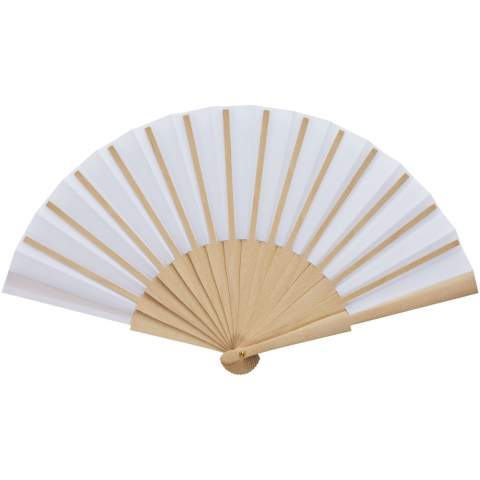 Hand fan made from wood and polyester, available in a wide range of colours.