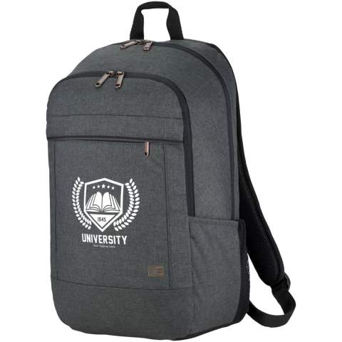 A professional laptop backpack, perfect for those who like to balance comfort and style. The spacious main compartment features thickly padded storage for a laptop up to 15" and a dedicated slip pocket for a 10.5" tablet. There is an additional compartment for power brick storage as well as a quick access front pocket for small electronics. Two side pockets give easy access to water bottles or go-to items. The back luggage strap securely attaches the bag to most rolling luggage. Heathered material, copper touch points, and trim details create a modern professional look.