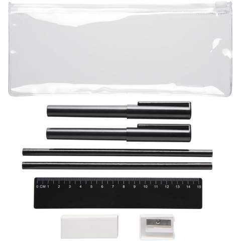 PVC-Federmäppchen mit 2 Kugelschreibern (einer mit schwarzer Tinte, der andere mit blauer), 2 Bleistiften, einem Lineal, einem Anspitzer und einem Radiergummi.