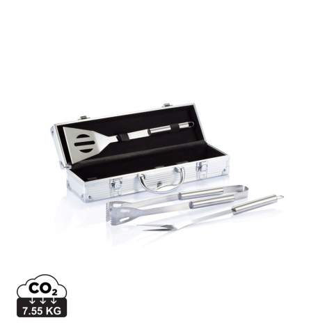 3-delige roestvrijstalen set in aluminium koffer inclusief spatel, tang en vork.