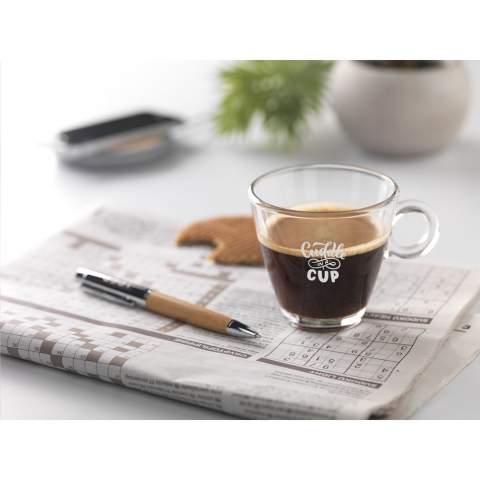 Tasse à café en verre trempé de haute qualité. Modèle intemporel avec une belle anse ronde. Convient pour le café et le cappuccino. Capacité 230 ml. Fabriqué en Italie.