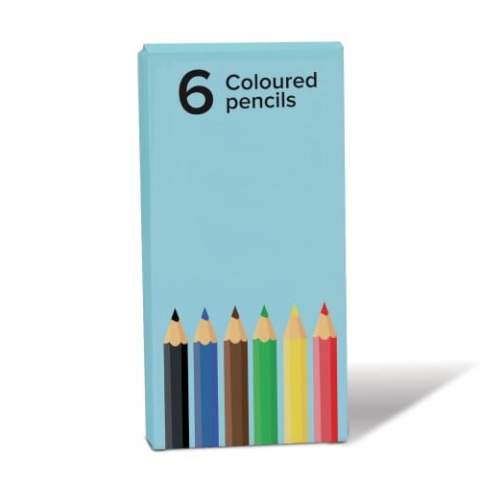 Six short colour pencils in a cardboard box. You can custom design the box on orders of 250 pieces or more.