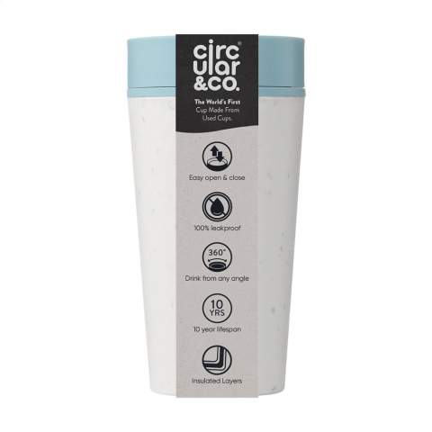 Double-walled, circular reusable coffee-to-go cup with lid from Circular&Co. The outer insulating layer of this cup is made from used, recycled single-use paper coffee cups. With inner wall and lid made of PP. 100% leak free. The insulating effect keeps your hot drink hotter and cold drink colder for longer. The lid is designed with patented 360-degree technology, which allows you to sip from any angle. The coffee cup can be opened and closed with one hand and one click. Ideal for on the go. Food Safe, BPA-free and Melamine-free. 100% recyclable. Capacity 340 ml.
EXTRA INFO: With a minimum order of 5,000 pieces, the lid of this product is available in any PMS colour. A way to create a perfect match between product and imprint.