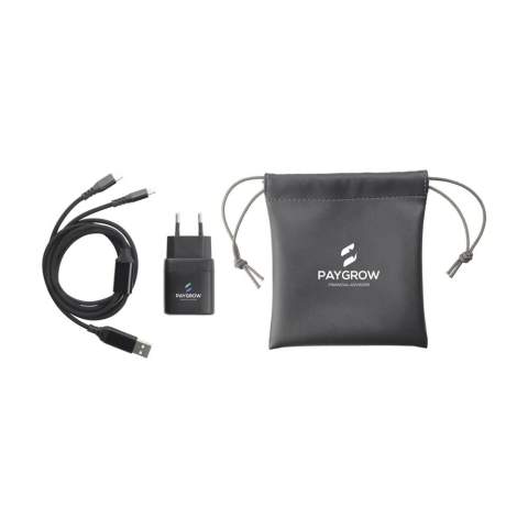 Charging set: Wall charger made from recycled PC. With 2 Type-C ports and a charging cable. The cable is made from recycled TPE, recycled PET and recycled aluminium alloy. Cable length 120 cm. Input: Type-C and USB-A connector. Output: Type-C and Lightning. Per set in pouch made from recycled PU. Ideal as a travel set. RCS certified. Total recycled material: 45%. Each item is individually boxed.