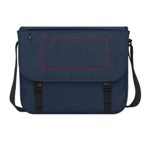 Sustainable GRS certified RPET laptop bag made with 60% recycled materials. Features a large zippered main compartment with a padded 15" laptop sleeve and a front compartment (both with velcro closures). Comes with a cover flap with a zippered pocket and with buckle closure. Features comfortable padded and adjustable shoulder strap and trolley tunnel on the backside.