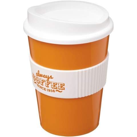 Single-wall tumbler with press-on lid and silicone grip. Volume capacity is 300 ml. Mug is fully recyclable. Mix and match colours to create your perfect mug. Made in the UK. Packed in a home-compostable bag. BPA-free. EN12875-1 compliant, dishwasher safe, and microwave safe.