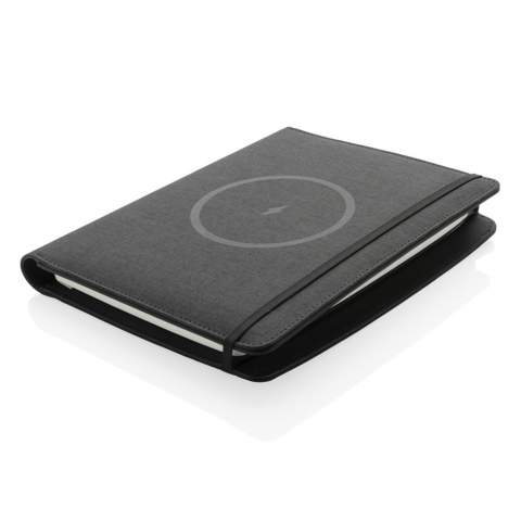 This notebook cover allows you to have your meetings in style. The front cover has a wireless charging pad for your smartphone. (Android latest generations, iPhone 8 and up). Older phones and tablets can be charged via the USB ports with the external 5.000 mAh powerbank.  Input: 5.0V/2.1A. Output 1: 5.0V/2.1A. Output 2: 5.0V/2.1A.Wireless Output: 5W. Registered design®<br /><br />NotebookFormat: A5<br />WirelessCharging: true<br />PowerbankCapacity: 5000<br />NumberOfPages: 128<br />PaperRulingLayout: Lined pages