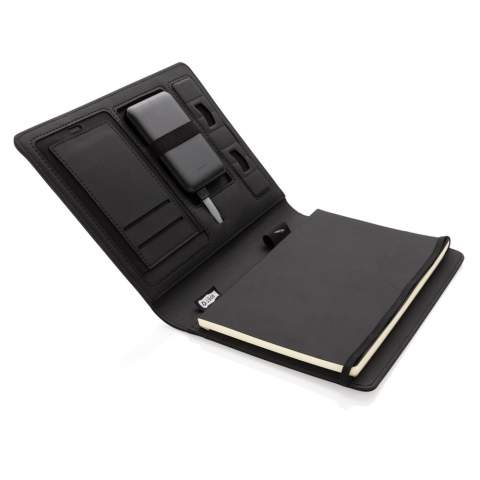 This notebook cover allows you to have your meetings in style. The front cover has a wireless charging pad for your smartphone. (Android latest generations, iPhone 8 and up). Older phones and tablets can be charged via the USB ports with the external 5.000 mAh powerbank.  Input: 5.0V/2.1A. Output 1: 5.0V/2.1A. Output 2: 5.0V/2.1A.Wireless Output: 5W. Registered design®<br /><br />NotebookFormat: A5<br />WirelessCharging: true<br />PowerbankCapacity: 5000<br />NumberOfPages: 128<br />PaperRulingLayout: Lined pages