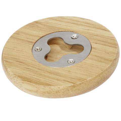 Wooden coaster with stainless steel bottle opener.