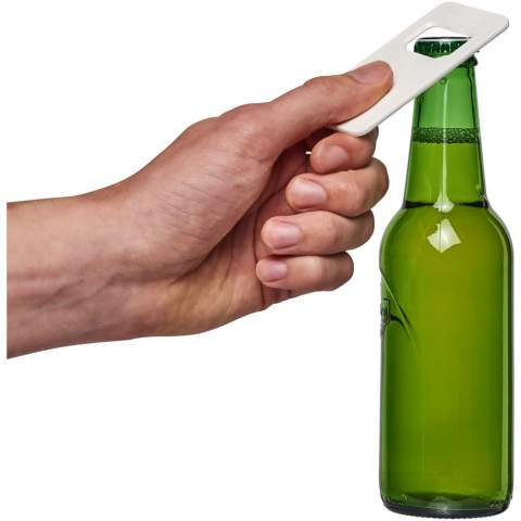 Rectangular-shaped bottle opener for drinks such as soda bottles and beers.
