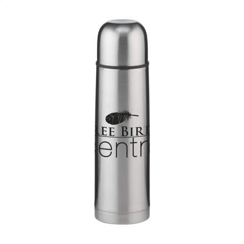 Double-walled, vacuum-insulated, stainless steel thermo bottle. Extremely durable and unbreakable. The vacuum between the walls insulates the contents and keeps drinks hot or cold for a longer period of time. With screw cap/drinking cup and handy push-pour system. Leak proof. Capacity 500 ml. Each item is individually boxed.