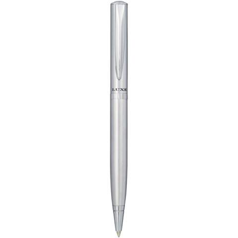 Stylo à bille léger au design exclusif disponible en finition brossé mat or avec des accents colorés dorés et en argenté mat brossé avec des accents colorés chromés. Recharge d'encre noire de qualité supérieure inclus et emballage dans une boîte cadeau « LUXE » (16,5 x 4,5 x 2,8 cm).