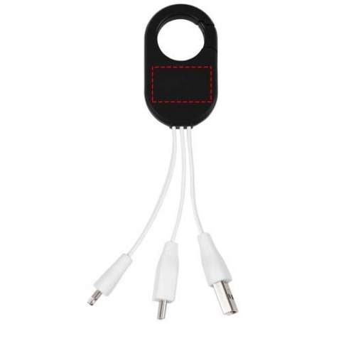 The Troop 3-in-1 charging cable features a USB type C tip and a 2-in-1 dual compatible tip for both Apple® iOS and Android devices. It has a carabiner clip to easily hook on your bag.