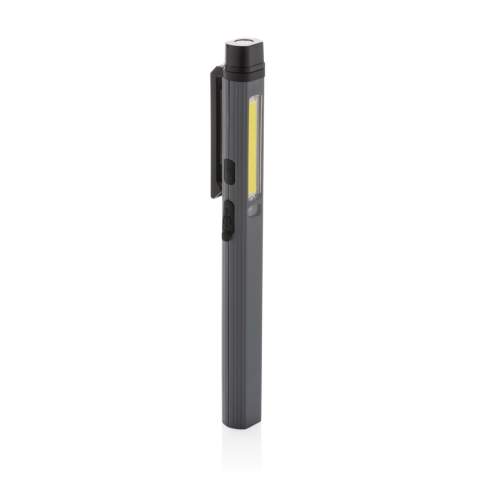 Zakformaat penlamp met superheldere COB, LED en blauw licht gemaakt van RCS-gecertificeerd gerecycled ABS-plastic. Totale gerecyclede inhoud: 33% op basis van het totale gewicht van het artikel. RCS-certificering garandeert een volledig gecertificeerde toeleveringsketen van de gerecyclede materialen. De penlamp maakt gebruik van een oplaadbare A-klasse 460 mAh lithiumbatterij, dus je hoeft de batterijen niet te vervangen. Gewoon opladen via je USB-poort. De penlamp wordt geleverd met 260 lumen COB, 80 lumen LED en blauw licht. Met 4 modi: COB, COB 50%, LED-licht en blauw licht. Met een clip aan de achterkant. Met type C-poort voor opladen. Gebruikstijd op één lading: 3 uur.<br /><br />Lightsource: COB LED<br />PVC free: true