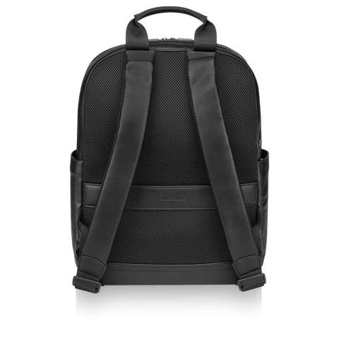 A discreet and iconic notebook-inspired bag collection with space for everything you need as you navigate the city unfolding before you. The Classic pro backpack  fits devices up to 15"  and features a double zip closure to separate your laptop from your personal belongings, breathable air-mesh back for cool comfort on the move, adjustable backpack straps, debossed monogram, secure zip pocket on front, zip pullers with logo, my Moleskine notes pocket to store ideas, 1 organizer with 2 pen holders and business card holder, zip pocket for precious items. Size: 43 x 33 x 14cm. Volume 13,5L.