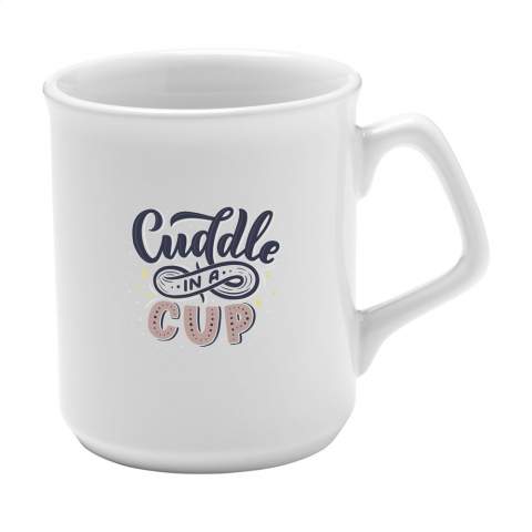 High quality ceramic mug. In all white or with a coloured exterior. Capacity 280 ml. Dishwasher safe. The imprint is dishwasher tested and certified: EN 12875-2.