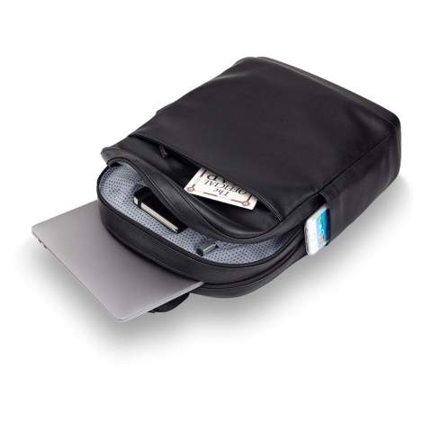 A discreet and iconic notebook-inspired bag collection with space for everything you need as you navigate the city unfolding before you. The Classic pro backpack  fits devices up to 15"  and features a double zip closure to separate your laptop from your personal belongings, breathable air-mesh back for cool comfort on the move, adjustable backpack straps, debossed monogram, secure zip pocket on front, zip pullers with logo, my Moleskine notes pocket to store ideas, 1 organizer with 2 pen holders and business card holder, zip pocket for precious items. Size: 43 x 33 x 14cm. Volume 13,5L.