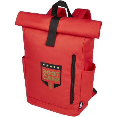 Practical, sturdy and water-repellent roll-top backpack made of GRS recycled polyester featuring a large inner compartment with a 15.6” laptop compartment, a zippered front pocket, and 2 side pockets. Padded backing, adjustable and padded shoulder straps, carrying loop and handy roll-top hook & loop closure. The perfect bag for everyday use, with a minimal ecological footprint.