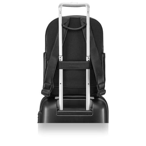 A discreet and iconic notebook-inspired bag collection with space for everything you need as you navigate the city unfolding before you. The Classic pro backpack  fits devices up to 15"  and features a double zip closure to separate your laptop from your personal belongings, breathable air-mesh back for cool comfort on the move, adjustable backpack straps, debossed monogram, secure zip pocket on front, zip pullers with logo, my Moleskine notes pocket to store ideas, 1 organizer with 2 pen holders and business card holder, zip pocket for precious items. Size: 43 x 33 x 14cm. Volume 13,5L.