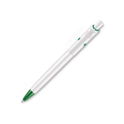 The Ducal ball pen is a white hardcolour ball pen with a coloured tip. Includes a X20 refill with blue writing ink. The pen has a pusher mechanism and is made of ABS, made in Europe. From orders of 5.000 pieces, you can choose your own colour combination.