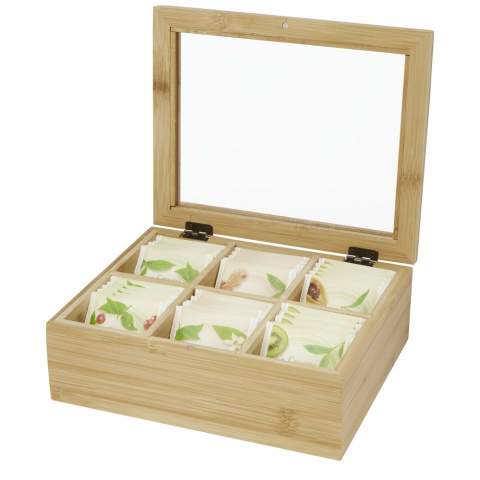 Bamboo tea box with transparent lid. Includes 6 equally divided compartments to hold up to 36 tea bags. The glass comes with a protective film on both sides to prevent scratches, which can be easily removed before use.