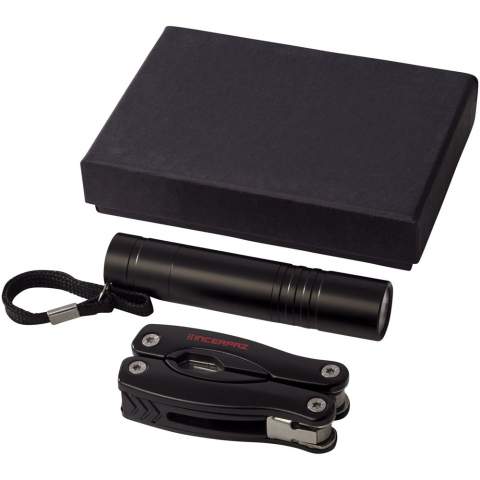 11 delige mini multi tool met LED zaklamp. Inclusief batterijen. Geleverd in een zwarte geschenkverpakking.