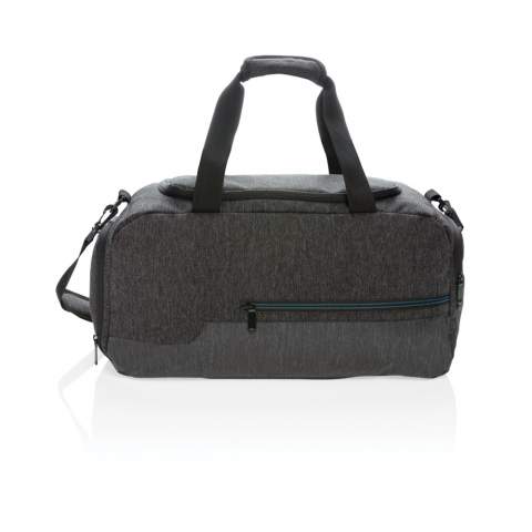 This 900D comfortable sized duffle bag is perfect for every active adventure and workout at the gym. It's made from durable polyester fabric and features water resistant coating material to protect against dirty gym floors or wet fields. Detailed with reinforced handles and a padded shoulder strap that offers a versatile carrying option. This duffle features a roomy main compartment with an inside zipper pocket to hold cash or valuables plus a breathable pocket for your shoes. A front zipper pocket with convenient storage for your cell phone, keys and other frequently used accessories. PVC free.<br /><br />PVC free: true
