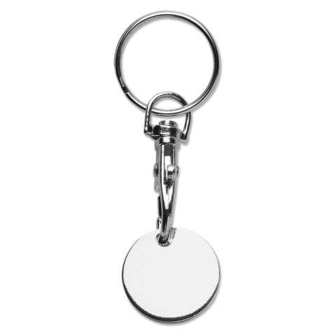 Metal trolley coin on a carabiner with keychain. Easy to attach to keys. Suitable for trolleys with €1,00 and €0,50 coin deposits.