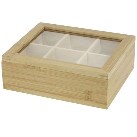 Bambus-Teedose mit transparentem Deckel. Verfügt über 6 gleichmäßig unterteilte Fächer für bis zu 36 Teebeutel. Das Kunststoff im Deckel ist auf beiden Seiten mit einem Filmschutz versehen, um Kratzer zu vermeiden, und kann vor Gebrauch leicht entfernt werden.