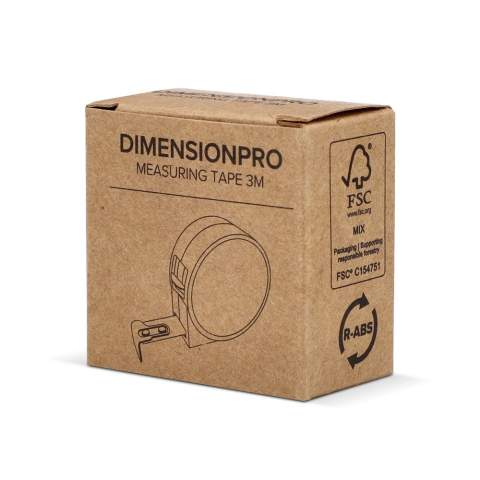 Durable 3m measuring tape made of recycled ABS, with a 16mm wide tape and rigidity up to 1.3m. Features a flat surface, ideal for branding. Meets EEC class of MID II standards for accurate measurements.