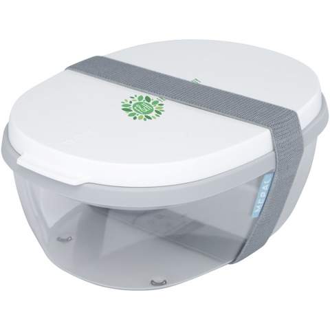 Salad box with large 1300 ml transparent compartment that is big enough to mix the salad at the time of eating. The top compartment offers space for bread or cutlery. Includes a small compartment for dressing or nuts. Unbreakable and dishwasher safe. Comes with an elastic band closure. BPA free. 2 years Mepal warranty.