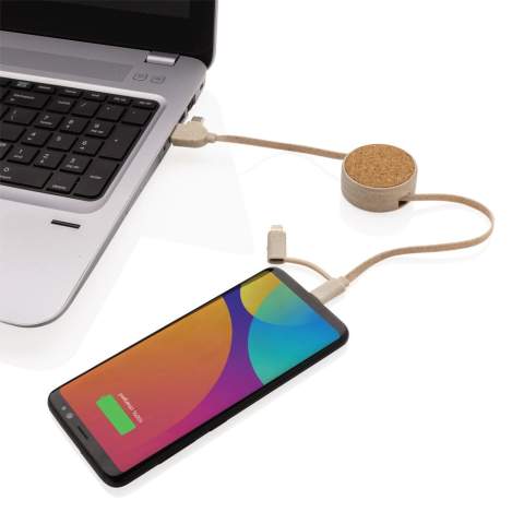 Uniek ontwerp intrekbare kabel waarmee u elk type item kunt opladen vanaf elk type USB-bron. Gemaakt van kurk en tarwestro (35%) gemengd met ABS en PVC-vrije TPE-kabel. Door de type C input is de kabel perfect voor nieuwere generatie telefoonladers en macbook computers die alleen type C output hebben. De kabel heeft ook een normale USB A-ingang. Uitgang: type C en dubbelzijdige connector voor IOS- en Android-apparaten. Max kabellengte: 100 cm. Artikel 100% PVC-vrij.<br /><br />PVC free: true