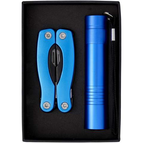 11 function mini multi tool with LED flashlight in black carton gift box with EVA inlay. Batteries included. .