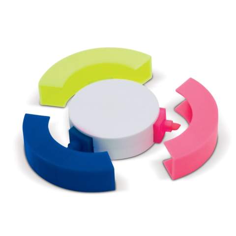 Round Toppoint designed highlighter with three writing colours. Large printing surface on the white body. Printing also possible with digital print or with a doming.