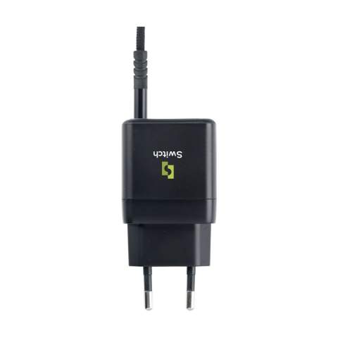 Charging set: Wall charger made from recycled PC. With 2 Type-C ports and a charging cable. The cable is made from recycled TPE, recycled PET and recycled aluminium alloy. Cable length 120 cm. Input: Type-C and USB-A connector. Output: Type-C and Lightning. Per set in pouch made from recycled PU. Ideal as a travel set. RCS certified. Total recycled material: 45%. Each item is individually boxed.