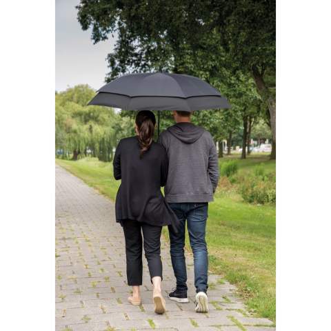 This auto open manual close umbrella is designed to be both compact and spacious, providing ample protection from the rain. When folded, it's as small and light as a 23" size umbrella, making it easy to carry. Upon opening, the umbrella automatically expands to a size of 27", providing enough coverage for two people. Features a metal shaft, fiberglass ribs, PP tips and a matte black handle. The stormproof function ensures that you'll stay dry. Made with AWARE™ tracer that validates the genuine use of recycled materials. 100% 190T pongee recycled polyester. 2% of proceeds of each Aware™ product sold will be donated to Water.org.<br /><br />UmbrellaMechanism: Open automatically, close manually<br />IsStormproof: true