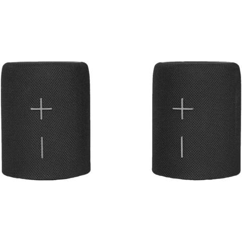 Spritzwassergeschützter 20W Bluetooth® Lautsprecher nach IPX6, der in zwei unabhängige Lautsprecher zerlegt werden kann. Mit 2 x 2000 mAh Akkus, die in 2 bis 3 Stunden vollständig aufgeladen sind und eine Wiedergabezeit von 6 bis 8 Stunden ermöglichen. MAße 23,5 x 8,7 x 8,7 cm. Gewicht 840 g. Maximale Verbindungsentfernung 10 Meter.