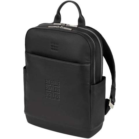 The Classic Leather Pro Backpack is an elegant professional companion with plenty of space to organize your professional and creative tools. Created to mirror the essential design of the Classic Notebook, this hardworking premium leather backpack is built to store everything you need to boost productivity and empower creative thinking. Fits devices up to 15" and features a double zip closure to separate your laptop from your personal belongings, breathable air-mesh back for cool comfort on the move, adjustable backpack straps, debossed monogram, secure zip pocket on front, durable YKK zippers with Moleskine logo, my Moleskine notes pocket to store ideas, 1 organizer with 2 pen holders and business card holder, zip pocket for precious items. Size: 43 x 33 x 14cm. Volume 13,5L.