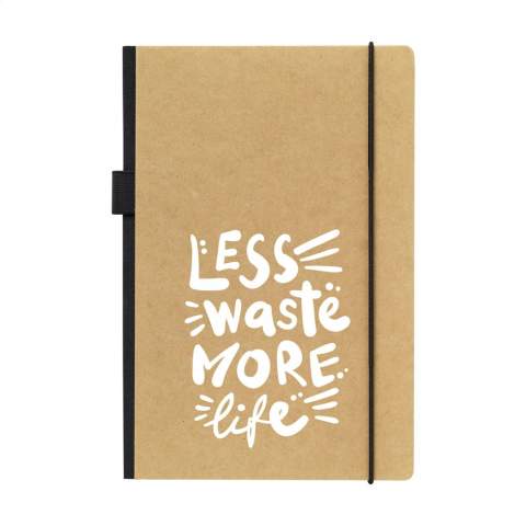 WoW! Practical notebook in A5 format. With a hard cover made from kraft cardboard (300 g/m²). This booklet has approximately 80 sheets/160 pages of cream-coloured, lined paper (80 g/m²) with a handy closing elastic and pen loop.  On the inside of the back cover, you will also find a handy storage compartment.