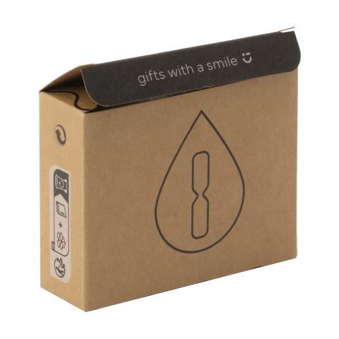 Drop-shaped hourglass timer (duration 5 minutes) with a suction cup on the back. Each item is individually boxed.