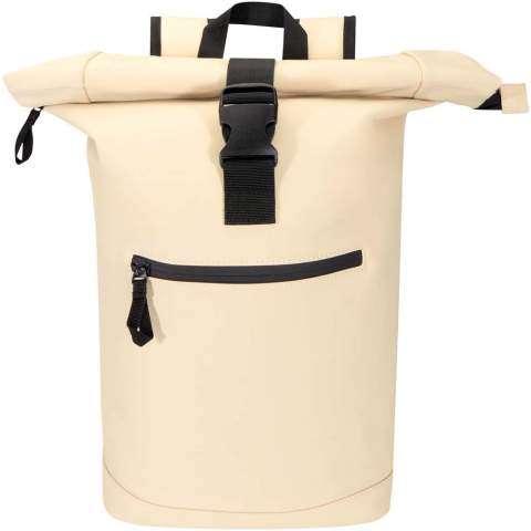 Crafted from premium recycled PU leather with colour-matching RPET lining, this rolltop backpack blends modern style with lasting durability. Its water-resistant finish keeps your essentials protected, while the rolltop closure offers flexible storage, perfect for commuting, travel, or the gym. Inside, a padded compartment fits laptops up to 15.6", with an additional zipped pocket to keep your tech and daily essentials organised. On the exterior, a front zipped pocket with a waterproof zip provides secure access, while padded, adjustable shoulder straps and a breathable back panel ensure all-day comfort.