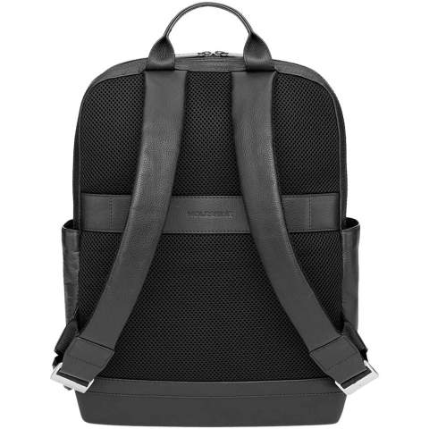The Classic Leather Pro Backpack is an elegant professional companion with plenty of space to organize your professional and creative tools. Created to mirror the essential design of the Classic Notebook, this hardworking premium leather backpack is built to store everything you need to boost productivity and empower creative thinking. Fits devices up to 15" and features a double zip closure to separate your laptop from your personal belongings, breathable air-mesh back for cool comfort on the move, adjustable backpack straps, debossed monogram, secure zip pocket on front, durable YKK zippers with Moleskine logo, my Moleskine notes pocket to store ideas, 1 organizer with 2 pen holders and business card holder, zip pocket for precious items. Size: 43 x 33 x 14cm. Volume 13,5L.