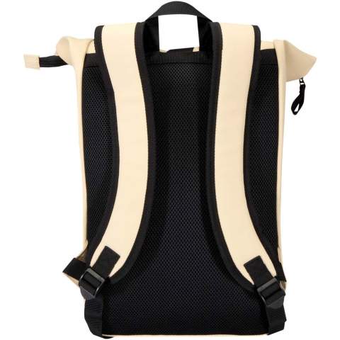 Crafted from premium recycled PU leather with colour-matching RPET lining, this rolltop backpack blends modern style with lasting durability. Its water-resistant finish keeps your essentials protected, while the rolltop closure offers flexible storage, perfect for commuting, travel, or the gym. Inside, a padded compartment fits laptops up to 15.6", with an additional zipped pocket to keep your tech and daily essentials organised. On the exterior, a front zipped pocket with a waterproof zip provides secure access, while padded, adjustable shoulder straps and a breathable back panel ensure all-day comfort.