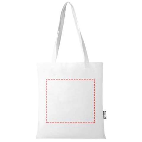 Fabriqué en RPET durable et résistant aux déchirures, le grand sac shopping Zeus recyclé certifié GRS est une option parfaite et plus responsable pour les foires ou les conférences. Son design fin en fait un modèle élégant et adapté au transport d'objets légers tels qu'un carnet de notes et un stylo. Les poignées mesurent 29 cm de long, ce qui permet de porter le tote bag à l'épaule. Capacité de charge maximale de 5 kg.